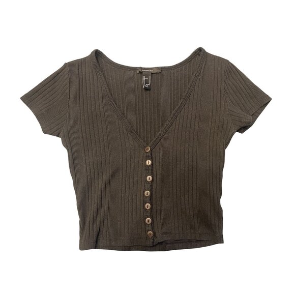 short sleeve cropped v-neck button front ribbed top M - Picture 6 of 6